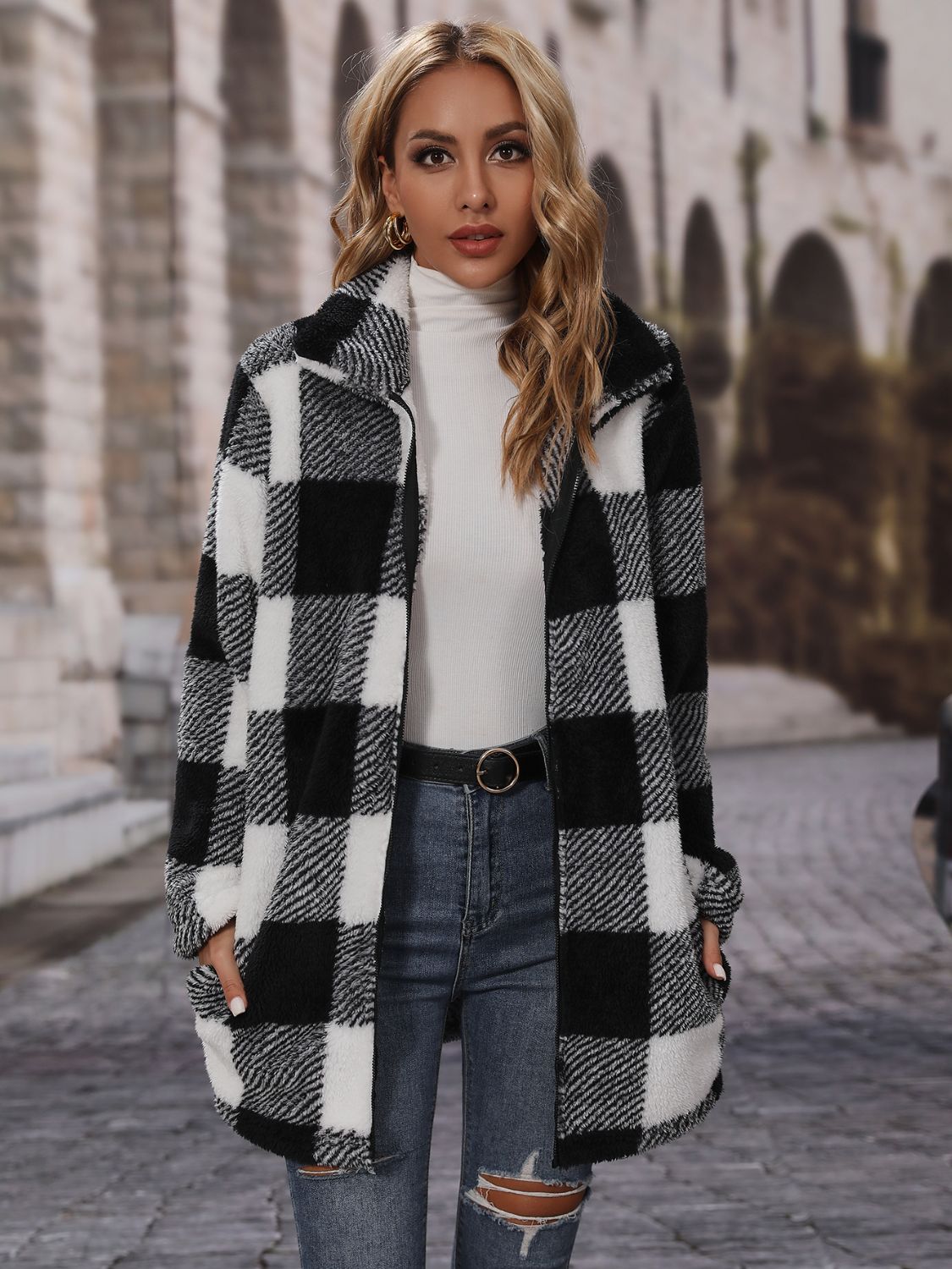 Plaid Collared Neck Coat with Pockets Black Trendsi