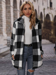 Plaid Collared Neck Coat with Pockets Black Trendsi