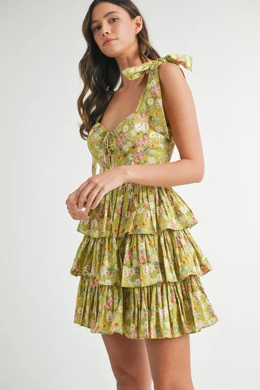 MABLE Floral Print Shoulder Tie Layered Mini Dress OutfitFlow