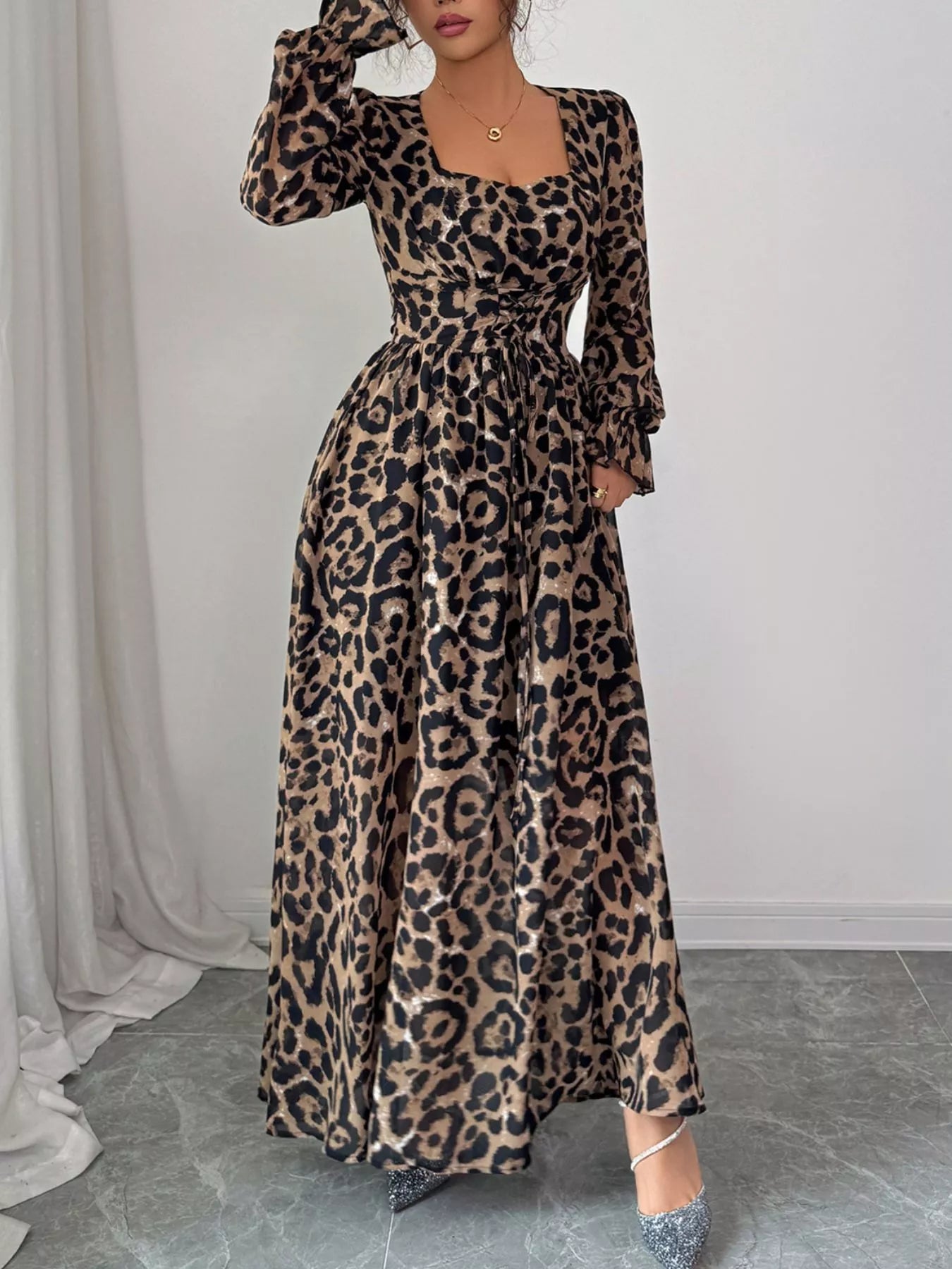 Leopard Sweetheart Neck Flounce Sleeve Maxi Dress OutfitFlow