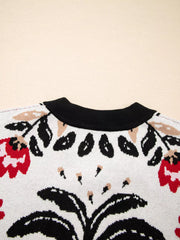 Floral Button Down Cardigan with Geometric Border Trendsi