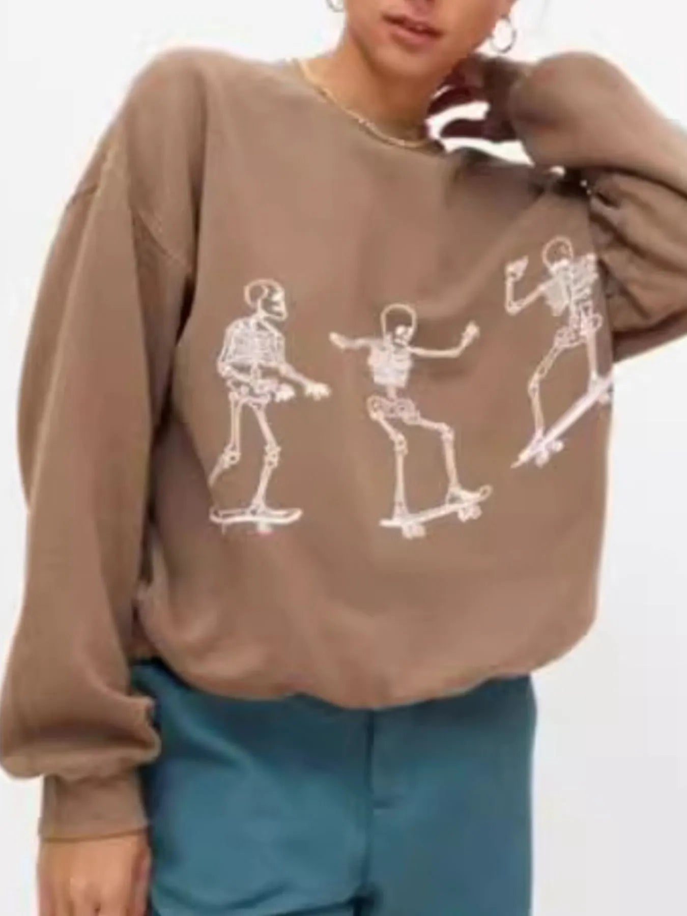 Skeleton Graphic Oversized Sweatshirt Khaki OutfitFlow
