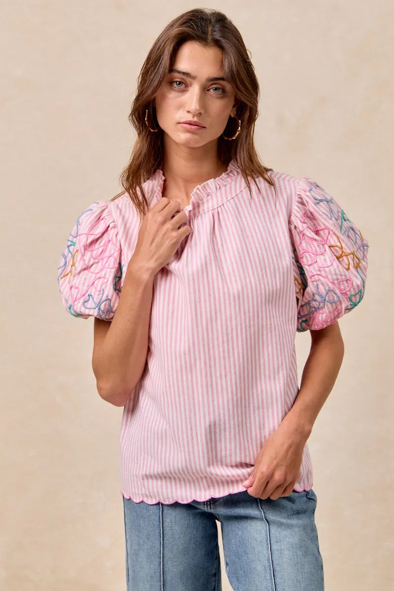 BiBi Embroidery Bubble Sleeve Top With Bottom Scallop Detail OutfitFlow