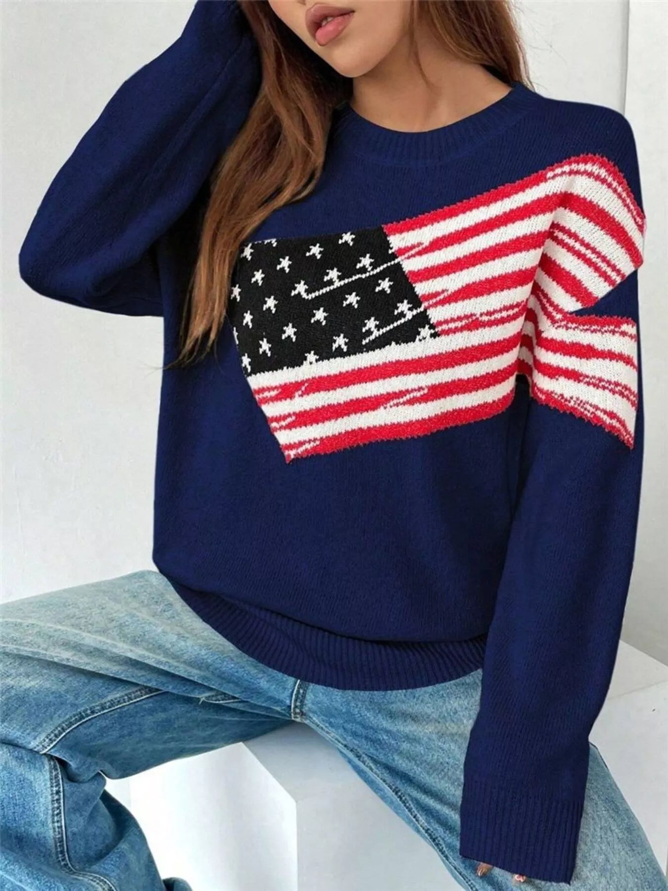US Flag Round Neck Long Sleeve Sweater OutfitFlow