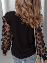 Flower Sheer Sleeve V-Neck Blouse OutfitFlow