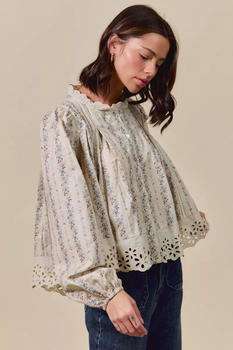 SO ME Floral Print Lace Button Down Shirt OutfitFlow