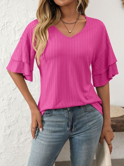Mandy V-Neck Ruffle Half Sleeve Top OutfitFlow