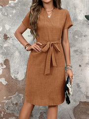 Textured Notched Tie-Waist Dress OutfitFlow