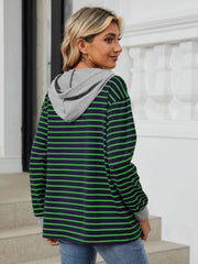 Outfit Flow - Drawstring Striped Long Sleeve Hoodie