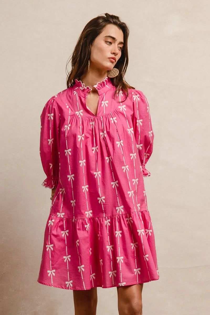 BiBi Ribbon Patterns With Scallops Edge Details Short Sleeve Dress OutfitFlow