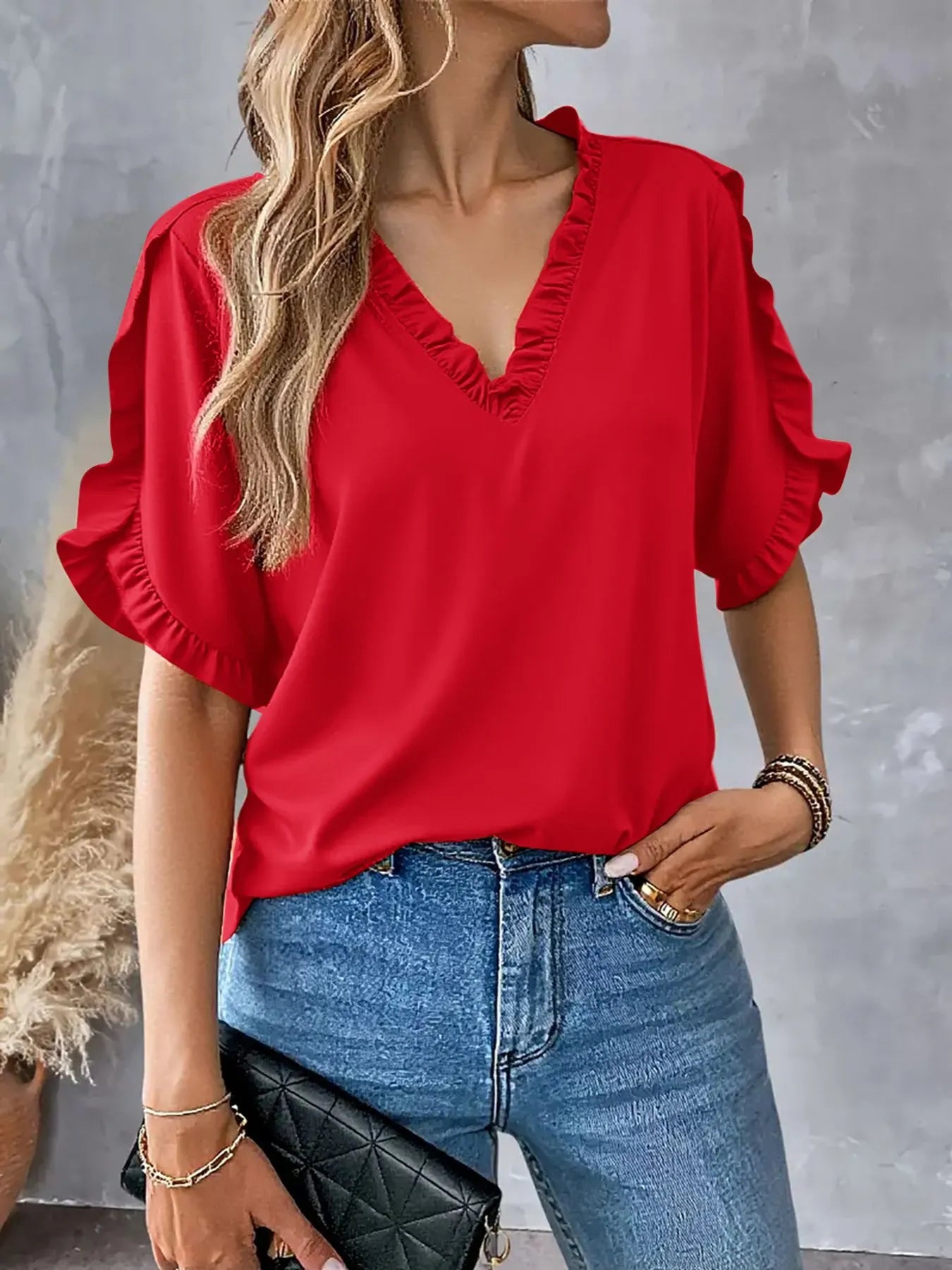 Ruffled V-Neck Short Sleeve Blouse Red OutfitFlow