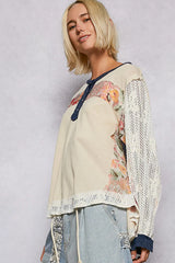POL Button Detail Floral Patchwork Crochet Sleeve Blouse OutfitFlow