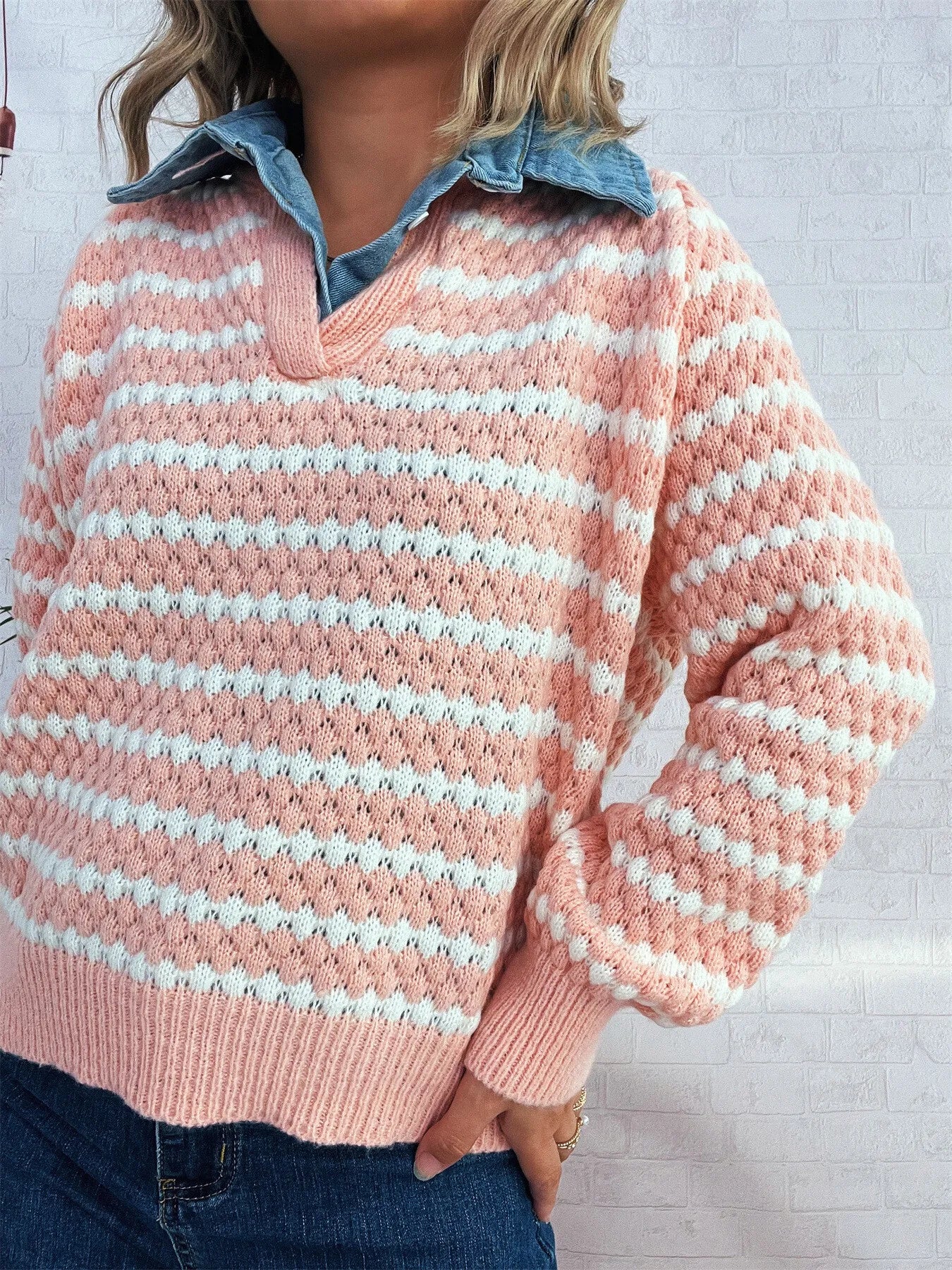 Contrast Striped Sweater with Denim Collar OutfitFlow