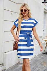 Tied Contrast Striped Short Sleeve Mini Tee Dress OutfitFlow