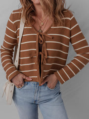Tie Front Striped Knit V Neck Cardigan Caramel OutfitFlow