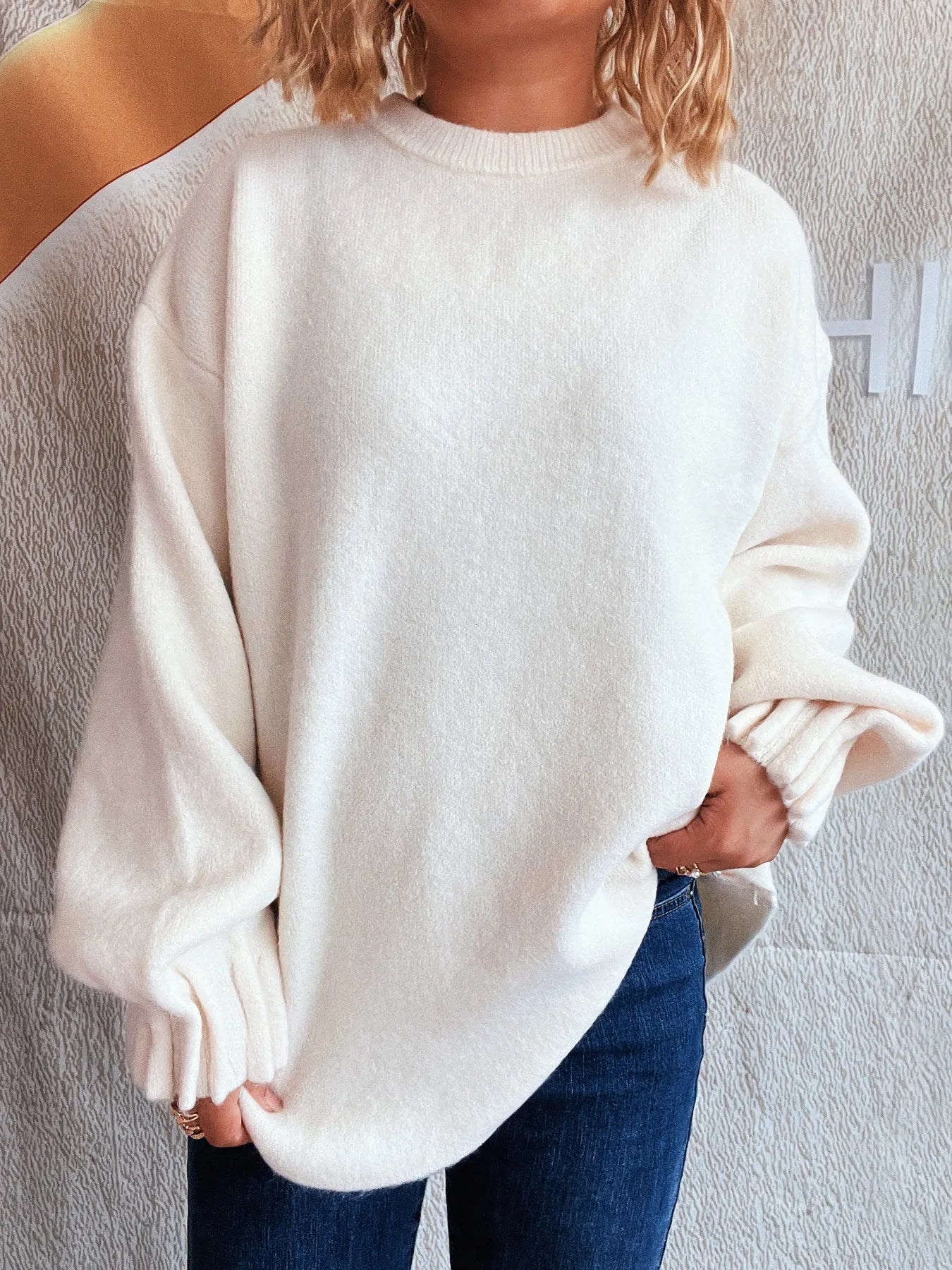 Round Neck Dropped Shoulder Sweater OutfitFlow
