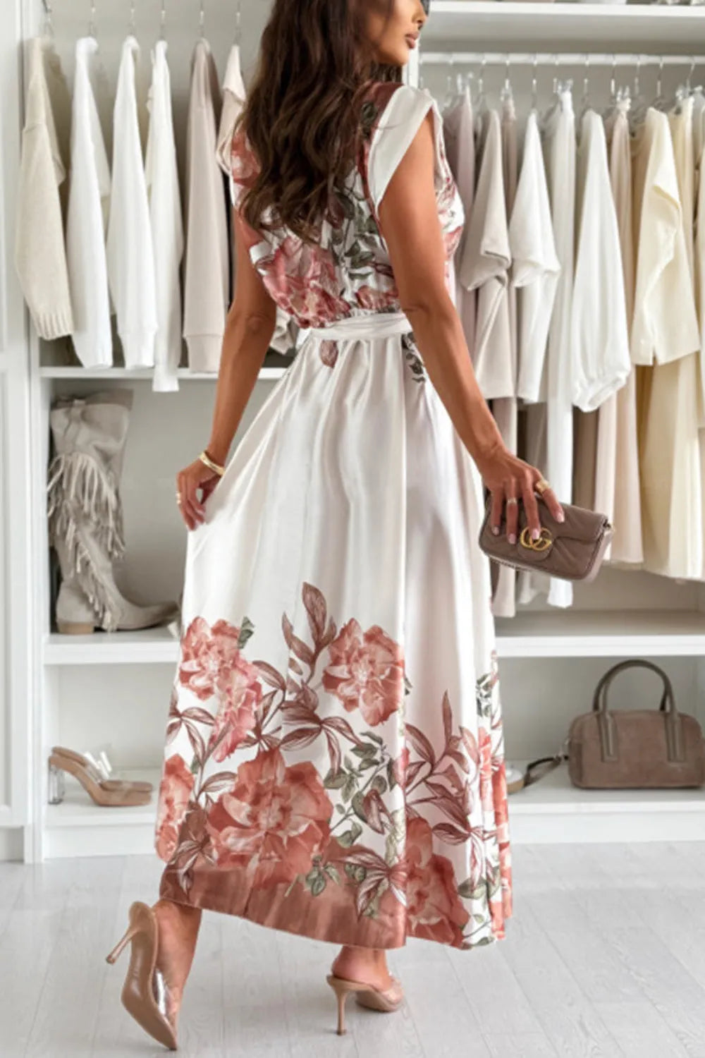 Floral Print Cap Sleeve Dress with Belt OutfitFlow