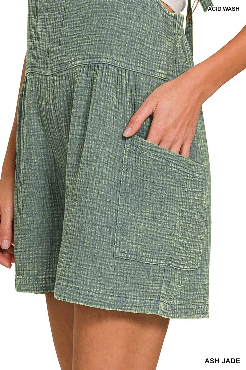 Zenana Washed Double Gauze Tie Back Rompers OutfitFlow