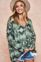 BiBi Aztec Print Brushed Out Stitching Detailed Top OutfitFlow