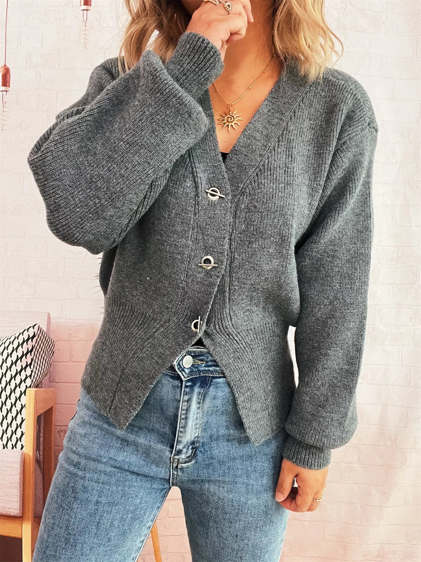 Button Up Long Sleeve Cardigan Gray One Size OutfitFlow