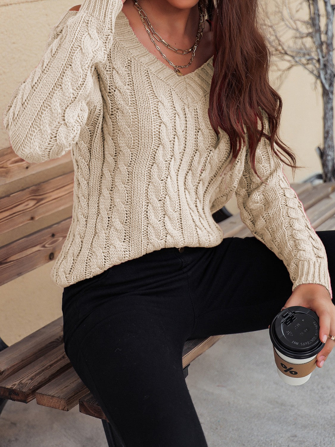 Outfit Flow - Honey Cable-Knit V-Neck Cold Shoulder Sweater