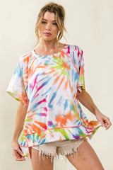 BiBi Tie Dye Print Jersey Stitched Uneven Hem Top OutfitFlow