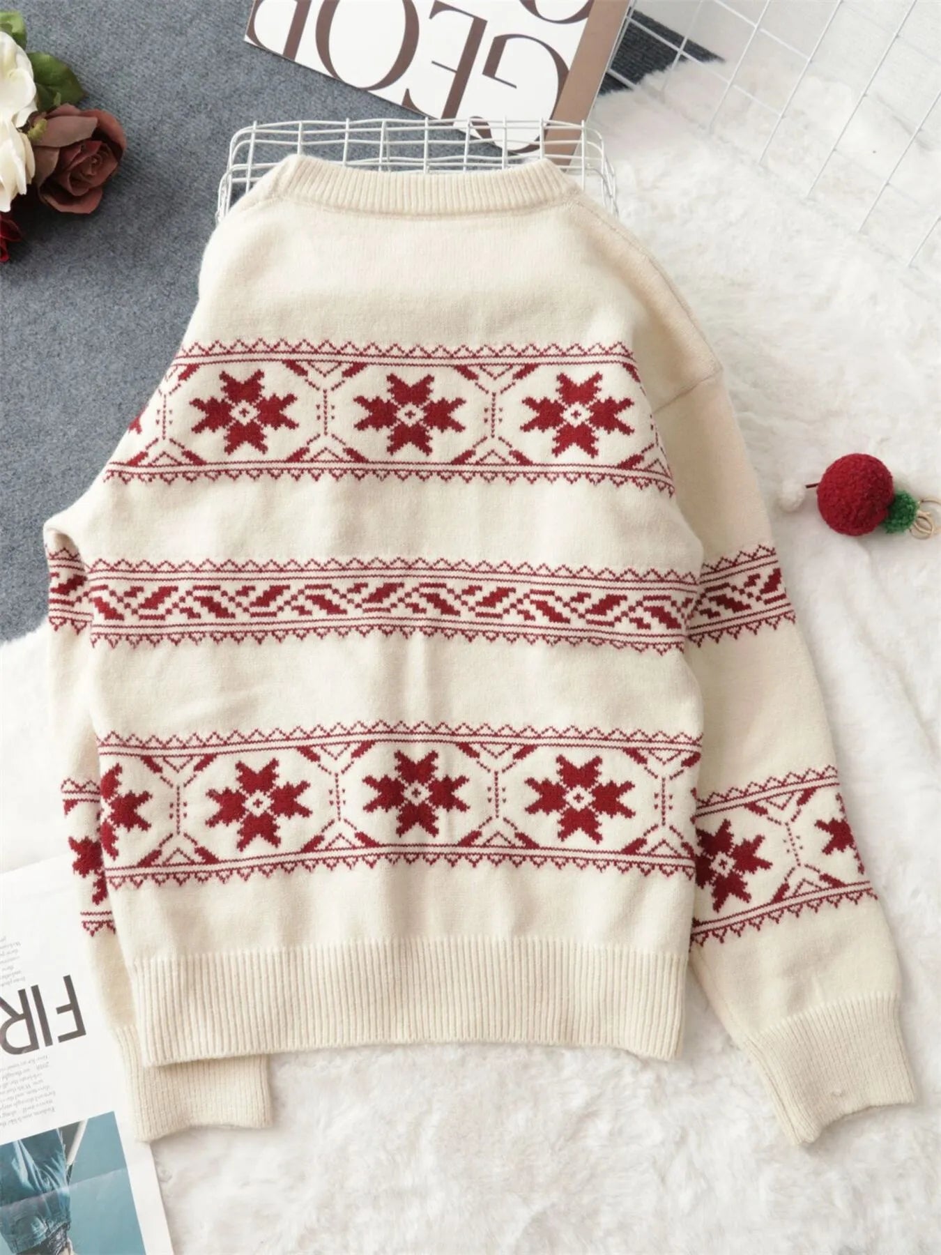 Christmas Snowflake Round Neck Sweater OutfitFlow