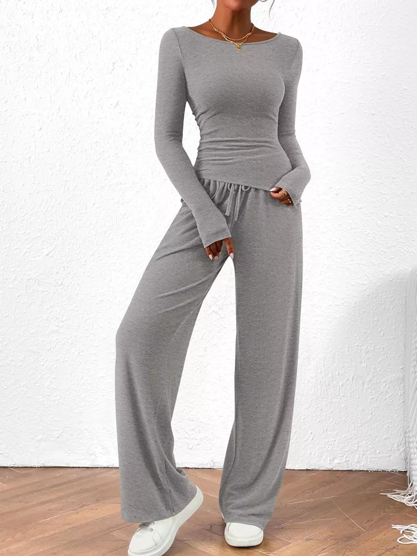 Long Sleeve Top and Wide Leg Pants Set OutfitFlow