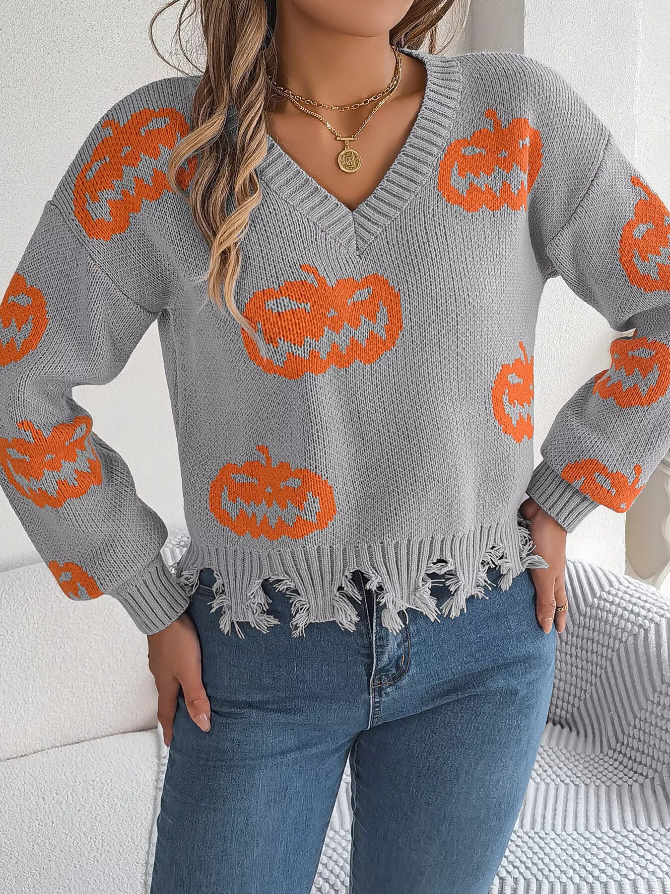 Halloween Pumpkin Pattern Raw Hem V-Neck Sweater Gray OutfitFlow