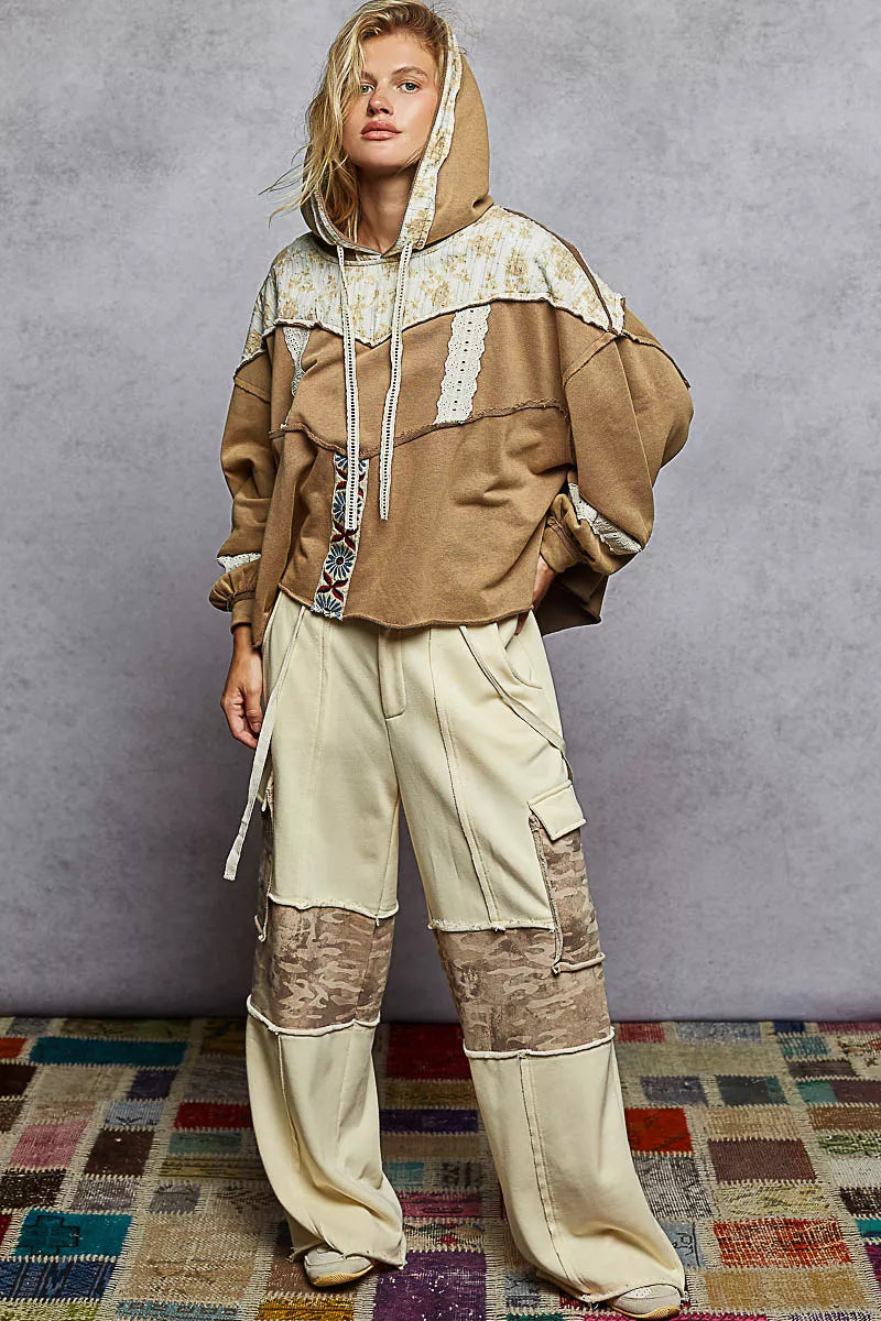 POL Drawstring French Terry Hoodie with Gauze Print Patch OutfitFlow