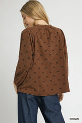 Umgee Corduroy Bow Print Balloon Sleeve Blouse Trendsi