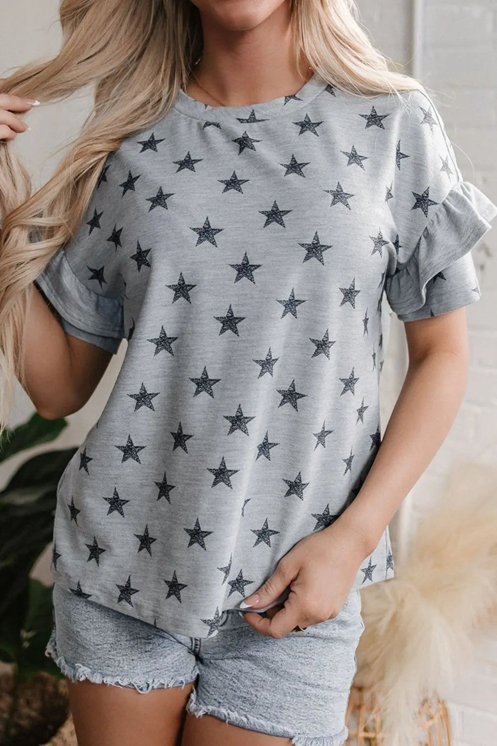 Star Print Tiered Ruffled Sleeve Crew Neck T Shirt OutfitFlow
