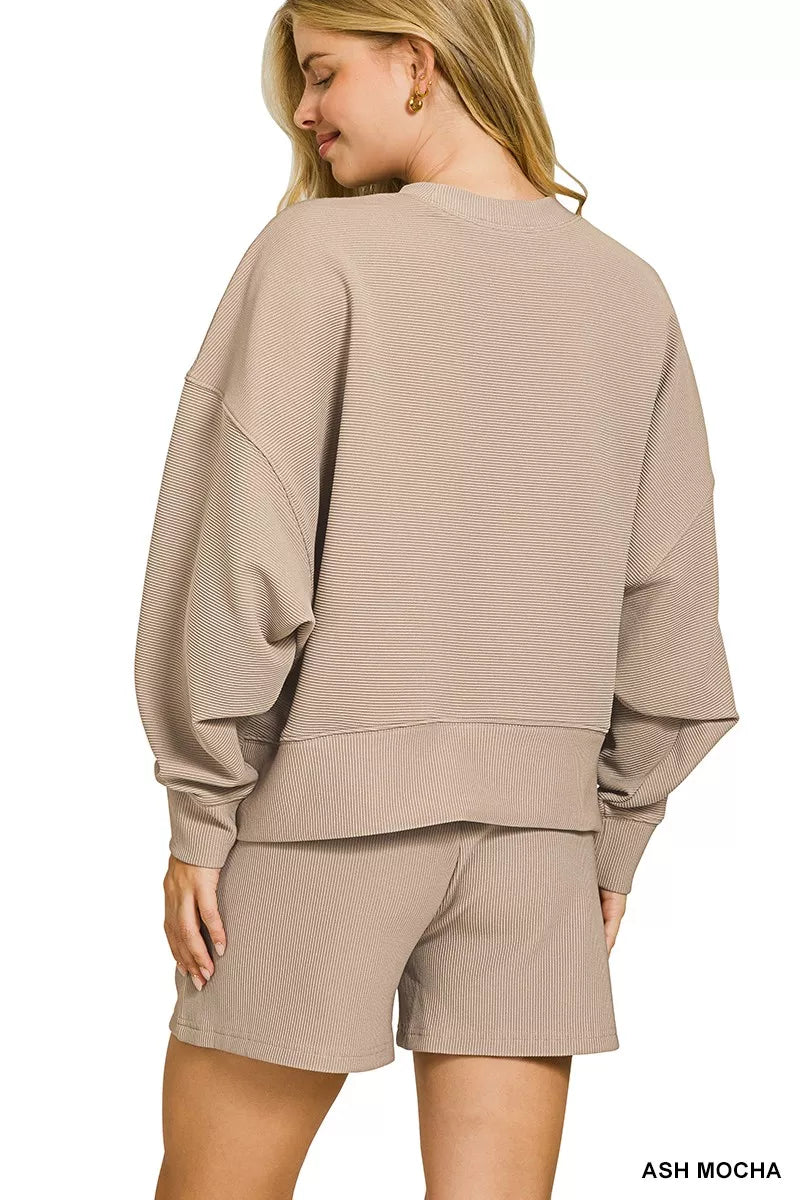 Zenana Ribbed Round Neck Pullover and Shorts Set OutfitFlow