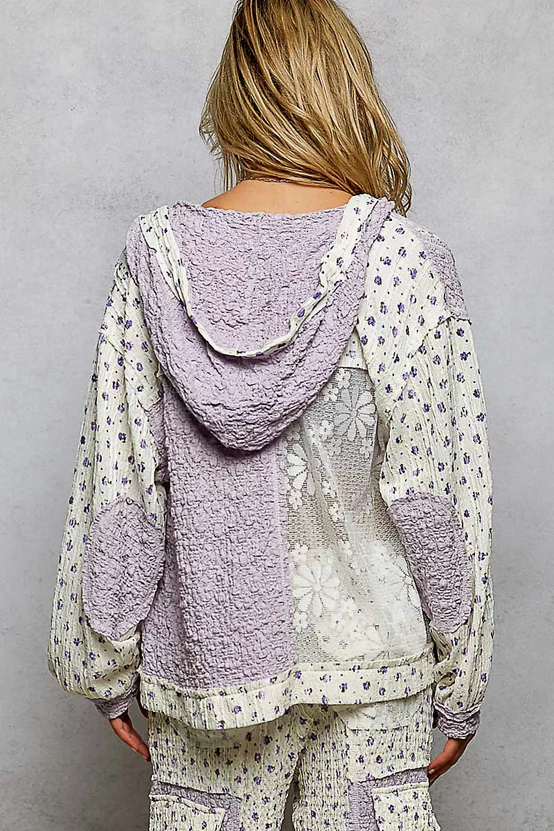 POL Floral Balloon Sleeve Hooded Lace Jacket with Stitch Detail OutfitFlow