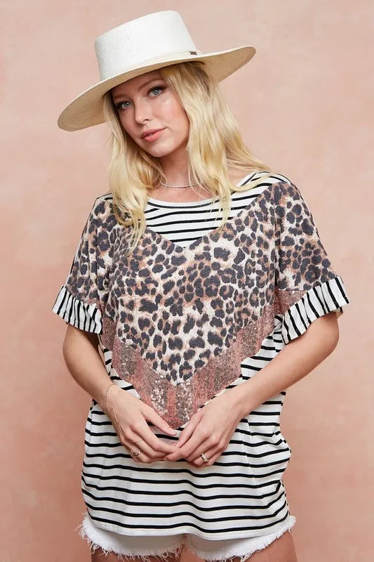 BiBi Stripe Rayon Span Knit Color Block Top With Leopard OutfitFlow