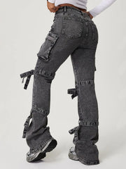 Outfit Flow - Bow Tied Mid Rise Jeans with Cargo Pockets