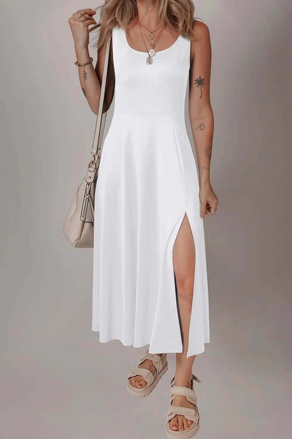 Side Slit Scoop Neck Wide Strap Dress White OutfitFlow