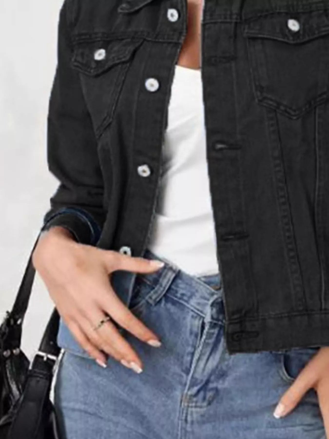 Button Up Long Sleeve Denim Jacket OutfitFlow