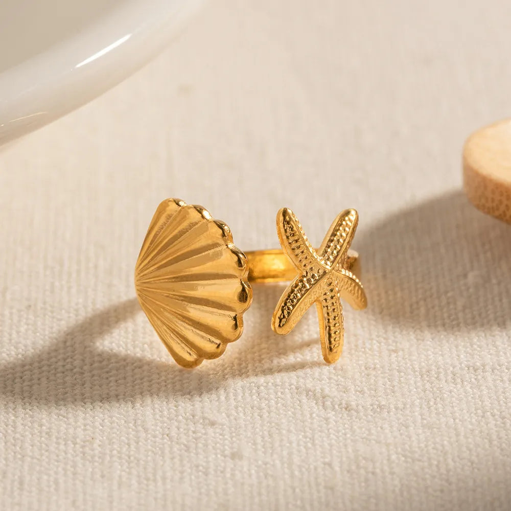 18K Gold-Plated Seashell Starfish Open Ring OutfitFlow
