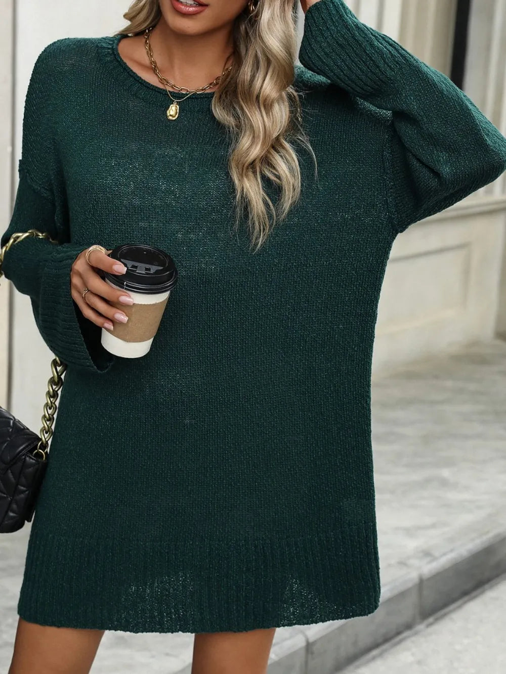 Round Neck Dropped Shoulder Sweater OutfitFlow