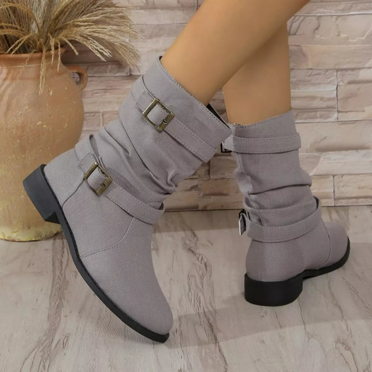 Buckle Accent Block Heel Boots Trendsi