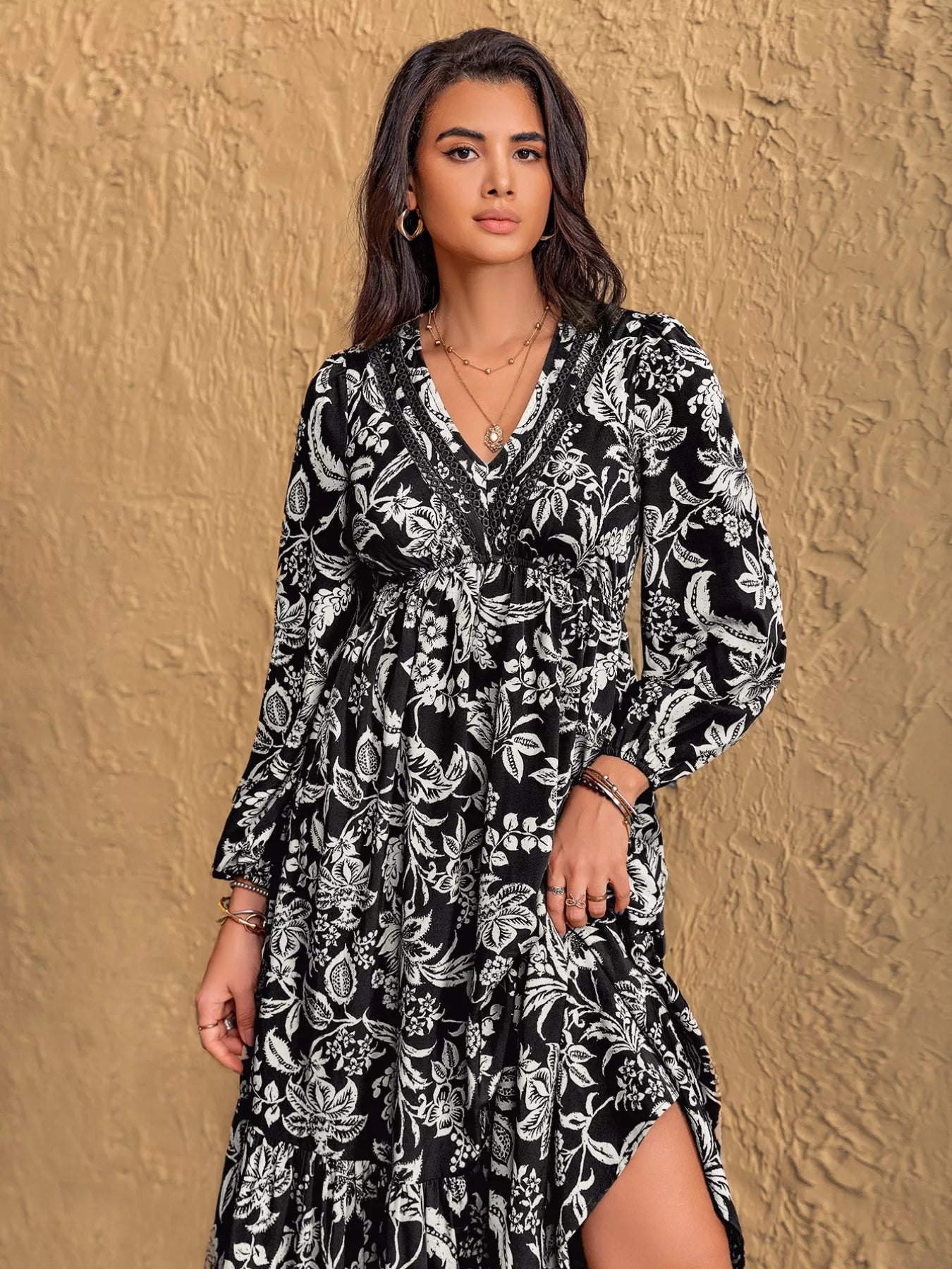 Floral Print V-Neck Long Sleeve Ruffle Hem Midi Dress OutfitFlow