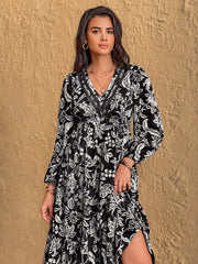 Floral Print V-Neck Long Sleeve Ruffle Hem Midi Dress OutfitFlow