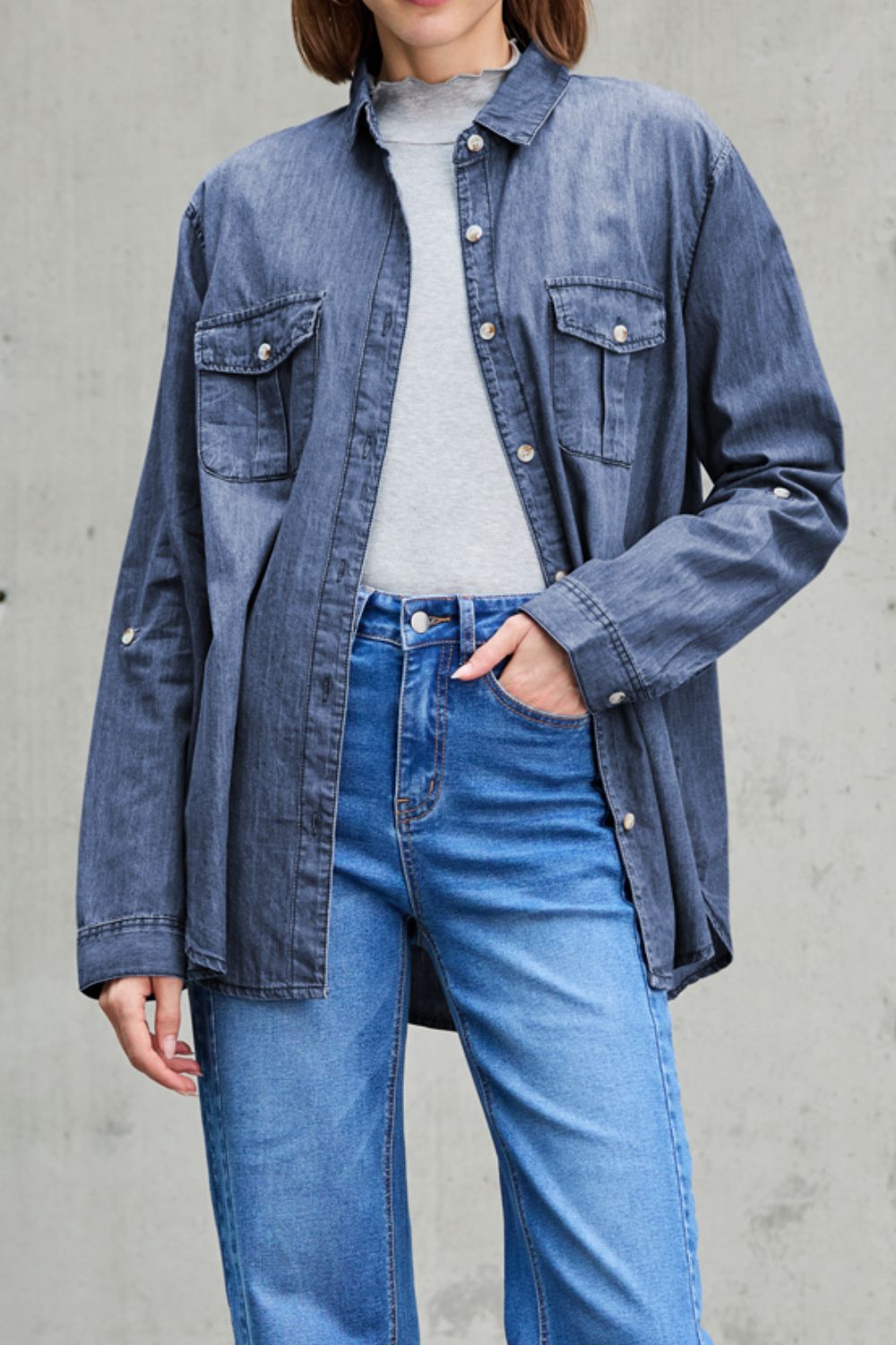 Pocketed Collared Neck Long Sleeve Denim Top OutfitFlow