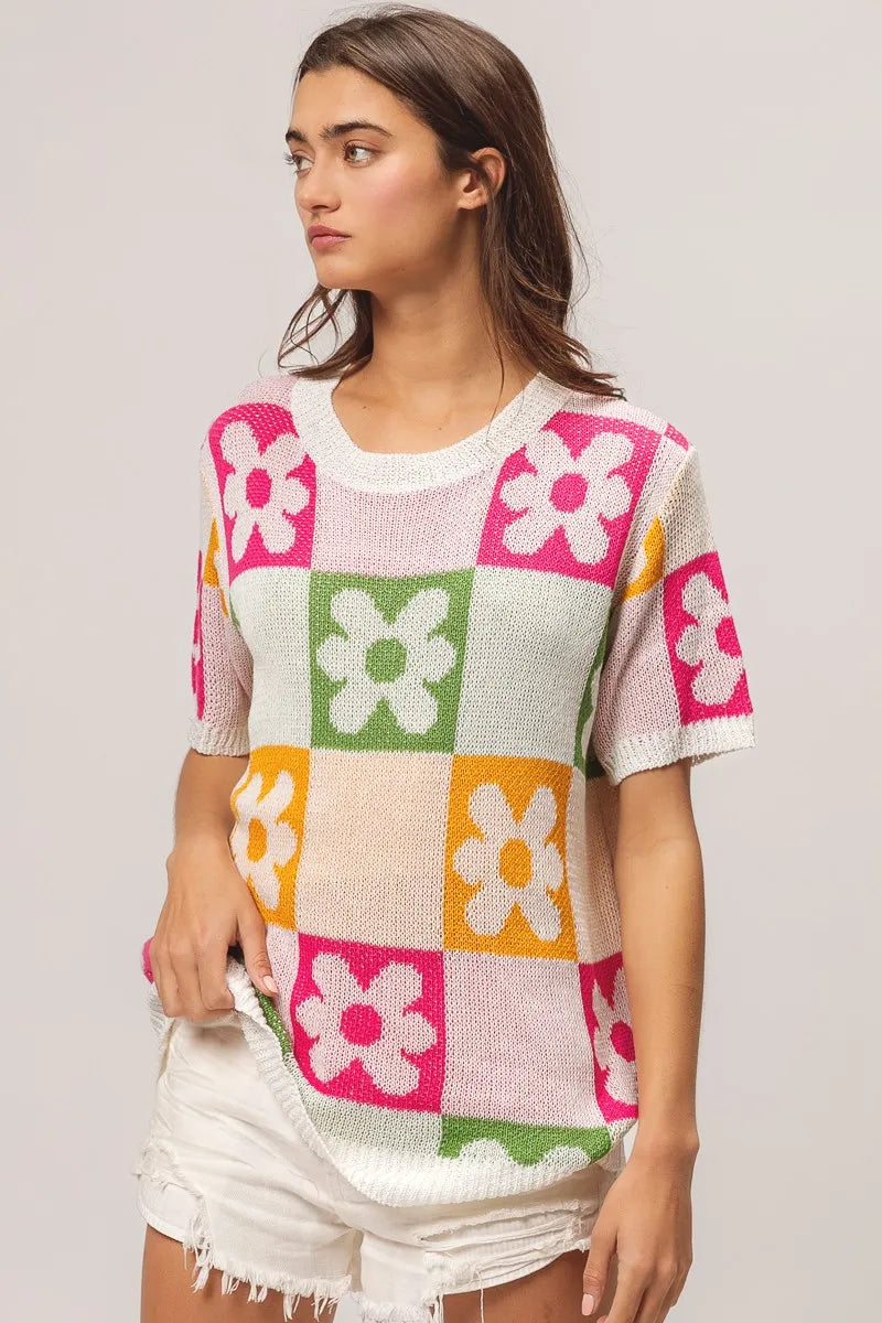 BiBi Flower Checker Pattern Lightweight Sweater Top OutfitFlow