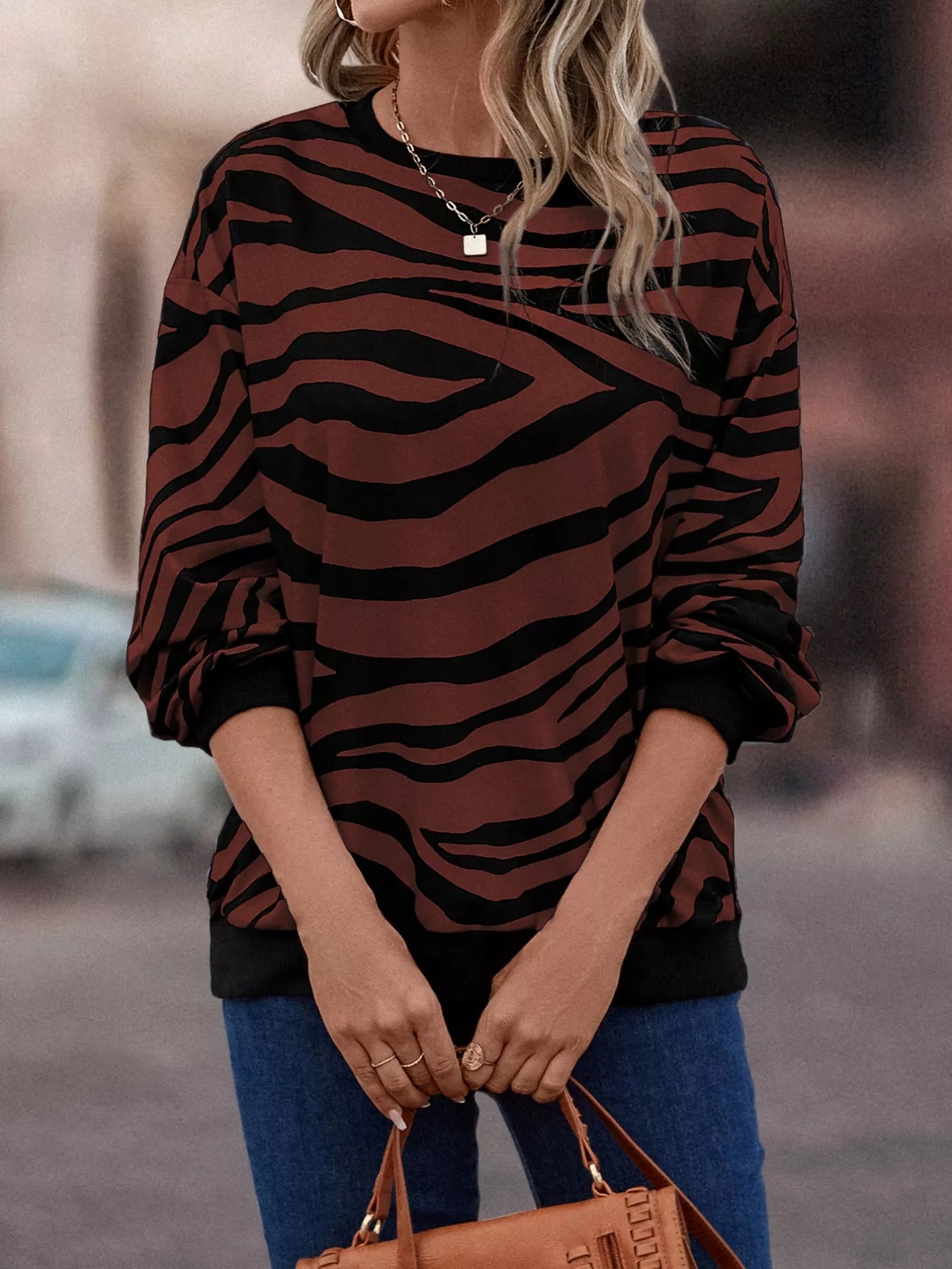 Zebra Print Round Neck Casual Sweatshirt OutfitFlow