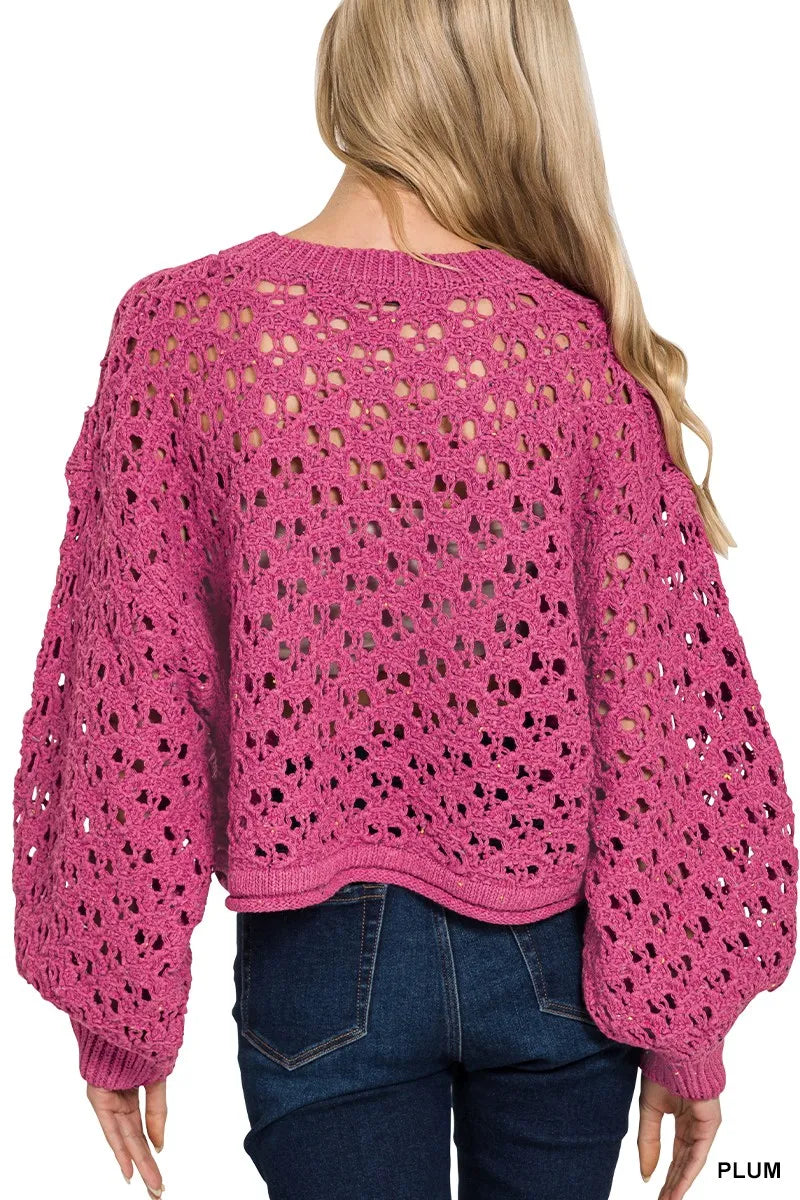 Zenana Oversized Cropped Crochet Knit Sweater OutfitFlow