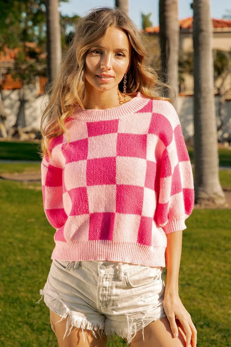 BiBi Check Pattern Short Puff Sleeve Sweater Top OutfitFlow