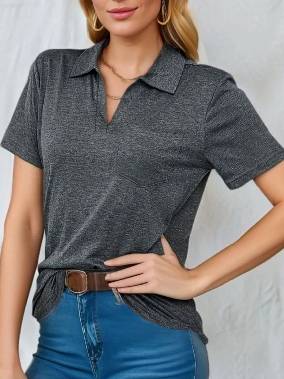 Johnny Collar Short Sleeve Top Dark Gray OutfitFlow