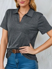 Johnny Collar Short Sleeve Top Dark Gray OutfitFlow